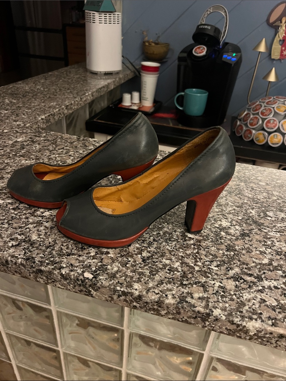 Women’s Peep-Toe Two-Tone High Heels - Dark Gray with red accents